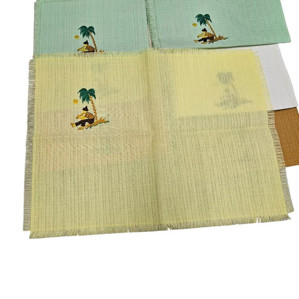 8 Vintage‎ Tropical Themed Linen Napkins Placemat Multicolor Needle Cross Stitch